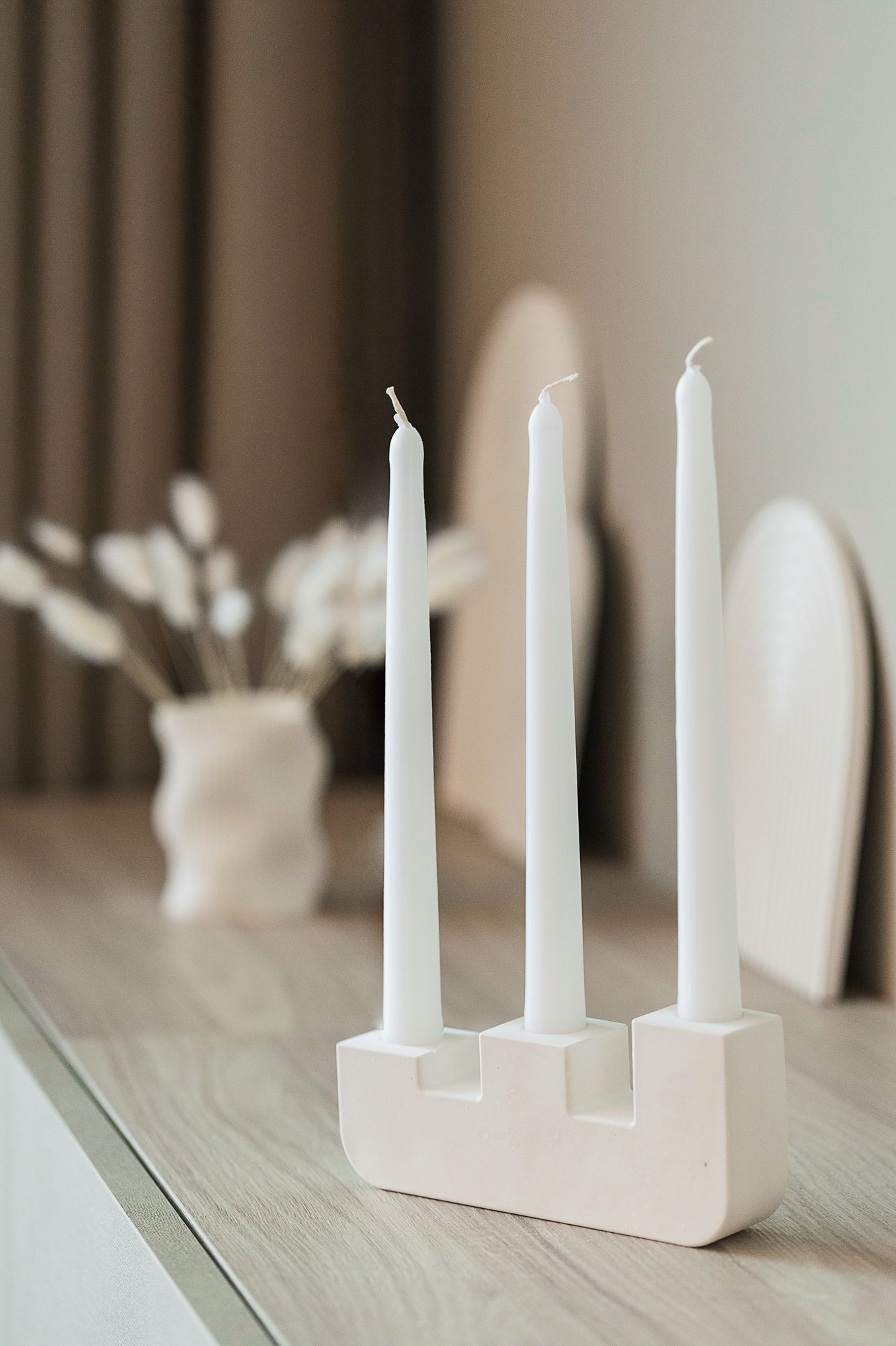 Handcrafted Gypsum Candlestick Holder for Three Long Candles