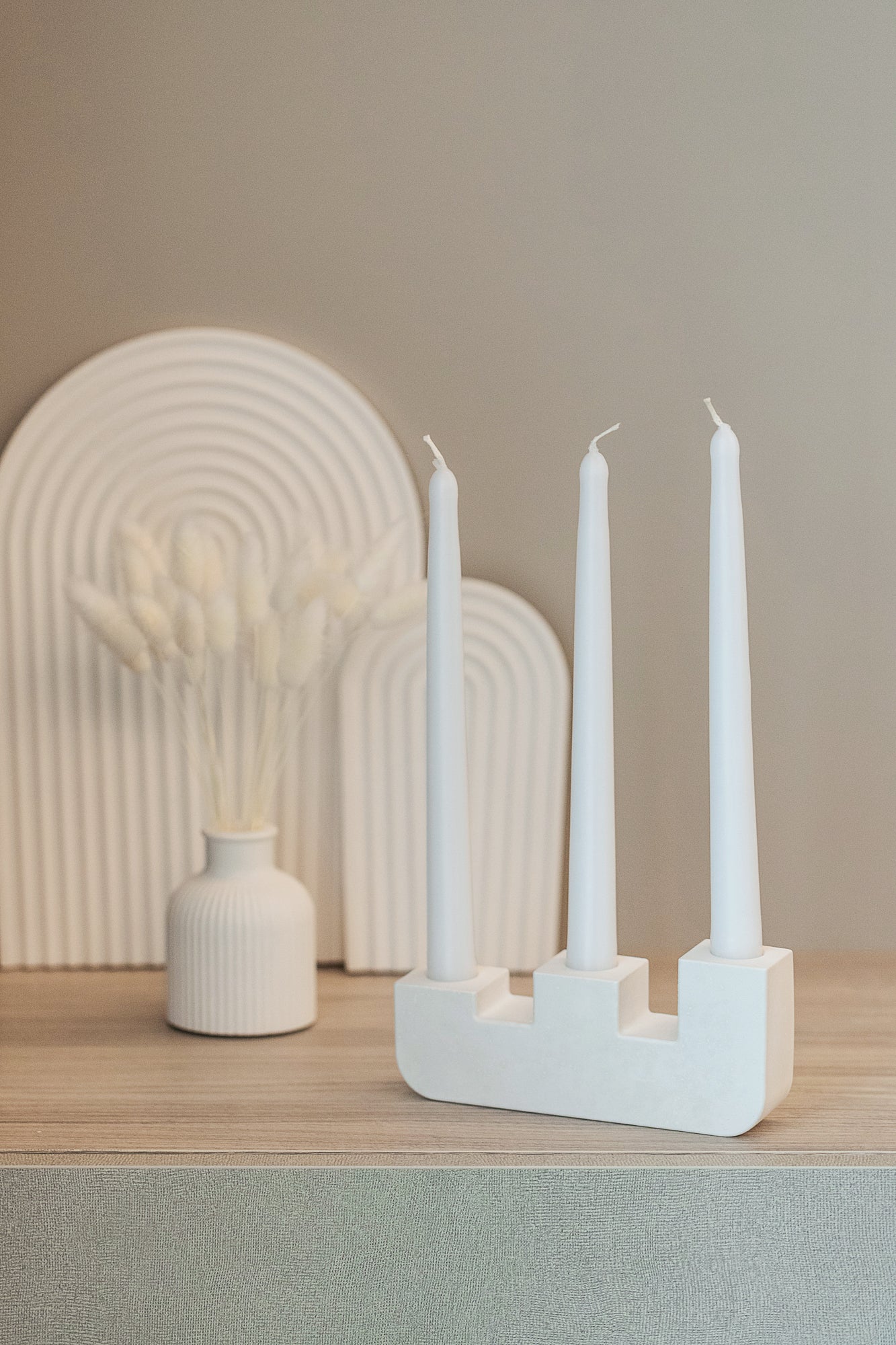 Handcrafted Gypsum Candlestick Holder for Three Long Candles